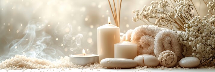 Meditation equipment, relaxation center, Thai massage, balancing on a stone, towel roller, flowers, candles and water for relaxation
