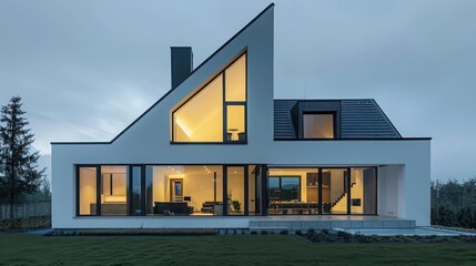 Modern suburban farmhouse with a minimalist design, featuring straight lines and a monochrome color scheme