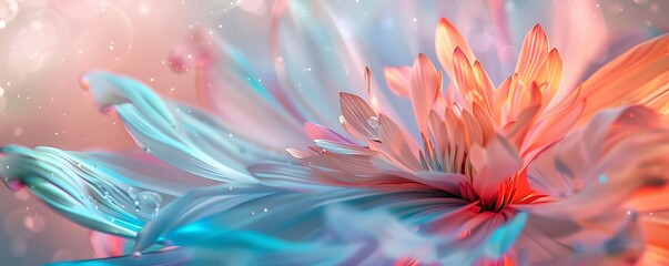 Fototapeta premium neon flower in shades of turquoise and pink the petals appearing almost feather-like with gentle luminescence that gives it surreal quality.