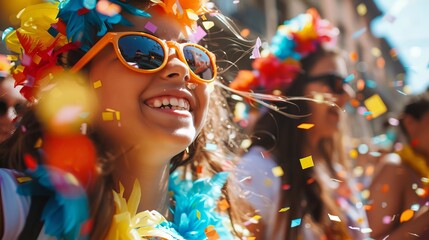 happy girl celebrating carnival with confetti and colorful decorations.