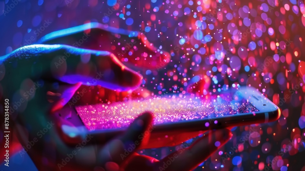 Poster hands holding a smartphone with colorful bokeh lights reflecting off the screen, creating a vibrant 