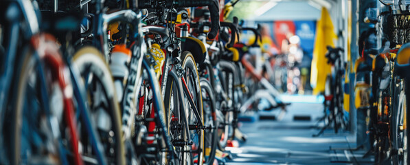 Row of bicycles parked near a busy street scene on a sunny day