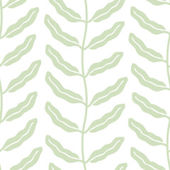 Green leaves vine lines seamless pattern. Wavy branch lines with tropical palm or seaweed leaves cutout botanical print. © Olga