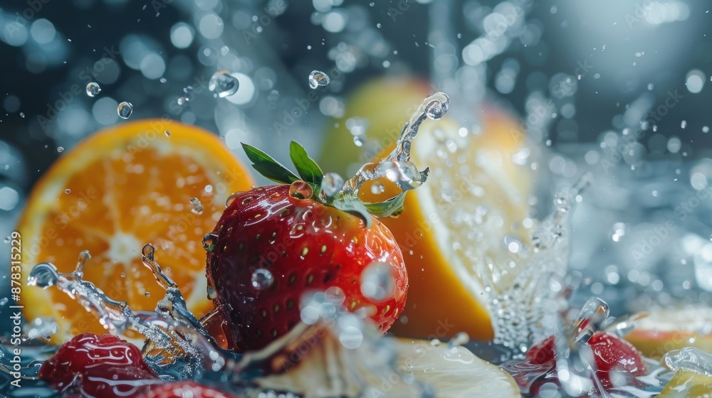 Poster close-up of fresh strawberries and orange slices splashing in water, capturing dynamic motion and fr