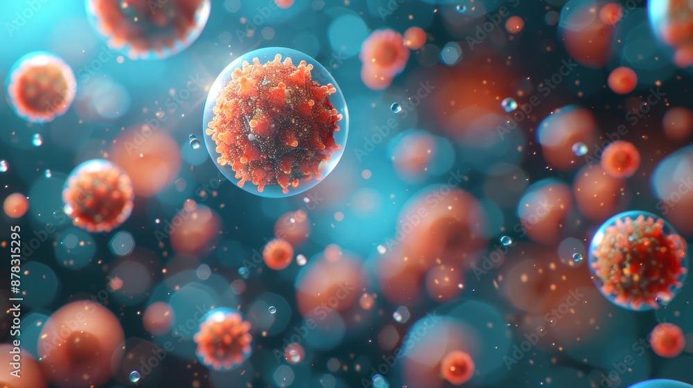 Poster 3d illustration of virus particles floating in a vibrant background with a bokeh effect, highlightin