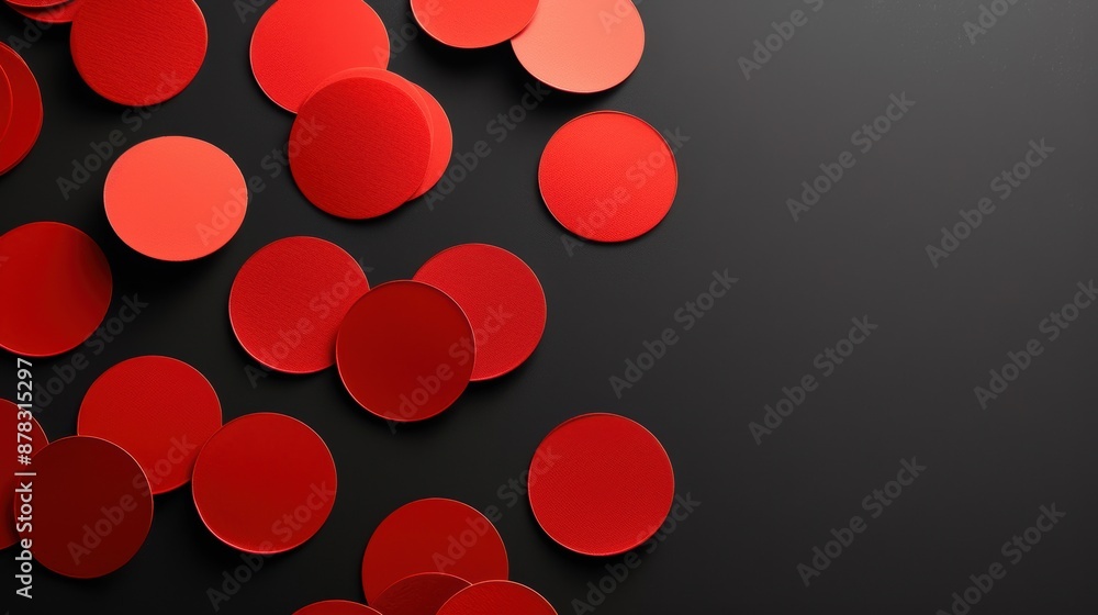Poster abstract composition of red circles scattered on a black surface, creating a striking and modern vis