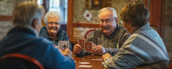 Senior citizens enjoying a card game in a cozy home setting