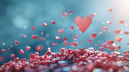 Obraz premium Multiple red hearts floating against a blue background, symbolizing love and romance, creating a whimsical and dreamy scene.