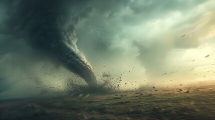 Obraz premium A massive tornado swirling in an open field, showcasing the raw power and destructive force of nature amidst dark, stormy skies.
