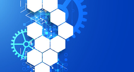 Gear wheel technology pattern on blue gradient background with hexagons. Hand drawn vector.