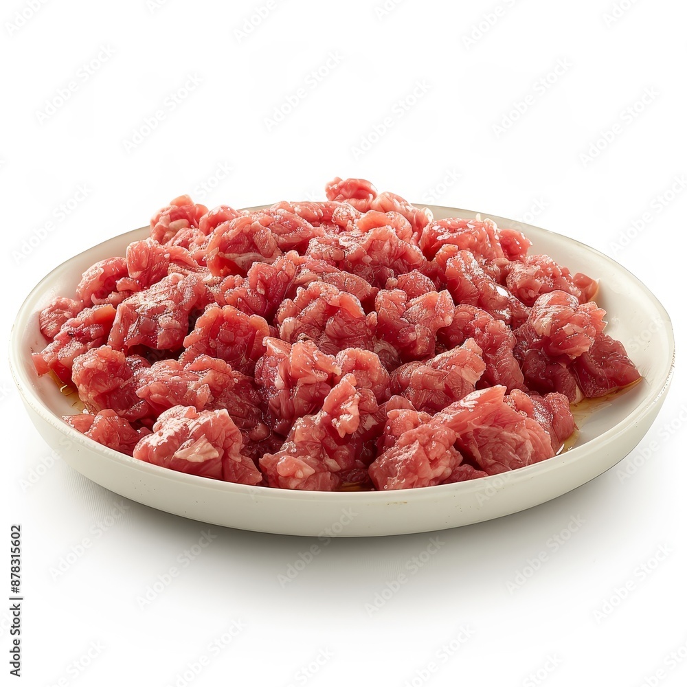 Wall mural fresh raw ground beef meat in white dish isolated on white background.