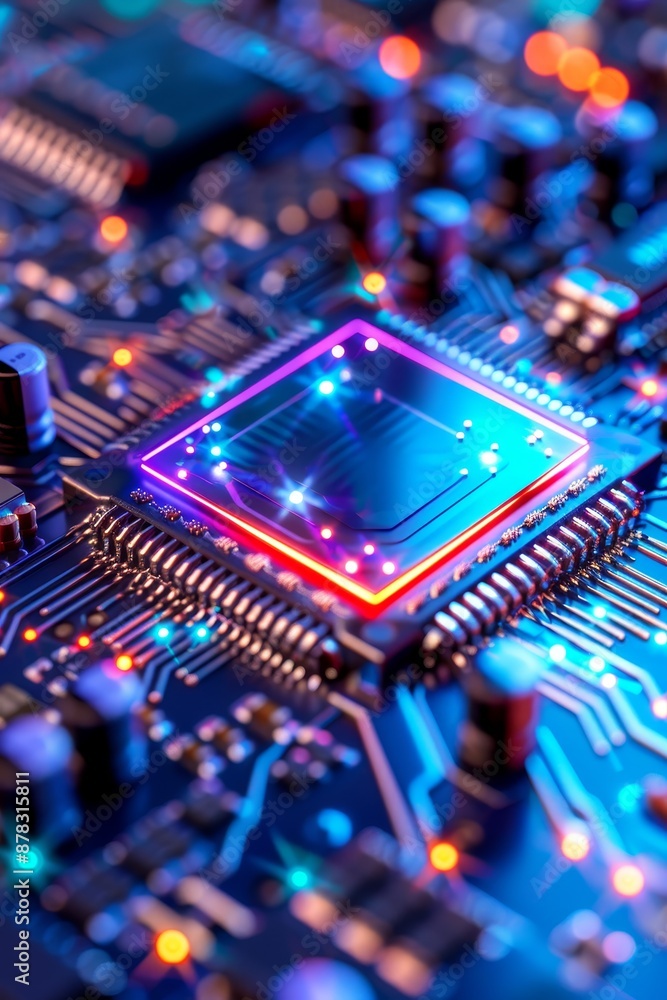 Poster closeup of a glowing cpu on a circuit board - futuristic technology concept.