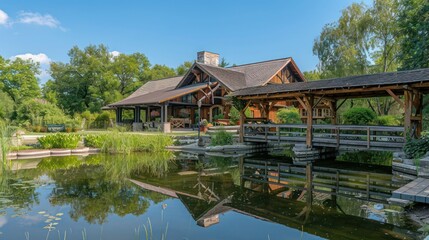 Obraz premium Rustic suburban farmhouse with a covered wooden bridge leading to the main entrance, surrounded by a moat-like pond