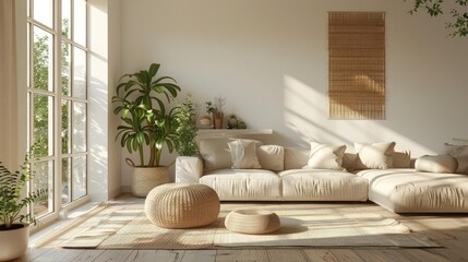 Clean and simple living room with neutral colors, showcasing calm and serenity