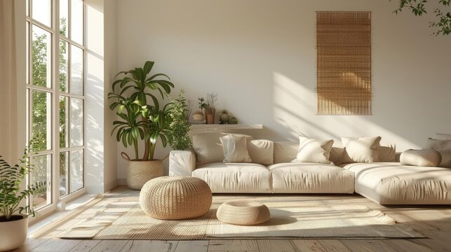 Clean and simple living room with neutral colors, showcasing calm and serenity