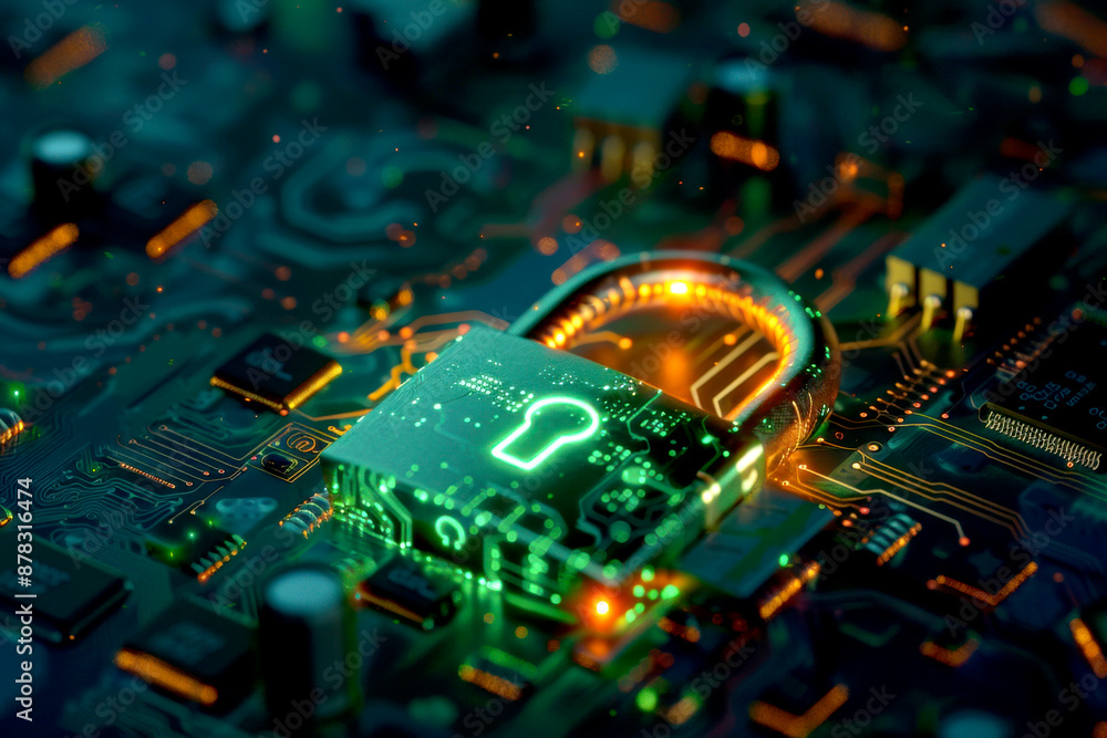 Poster an image depicting a circuit board with a glowing green padlock symbolizing digital security measure