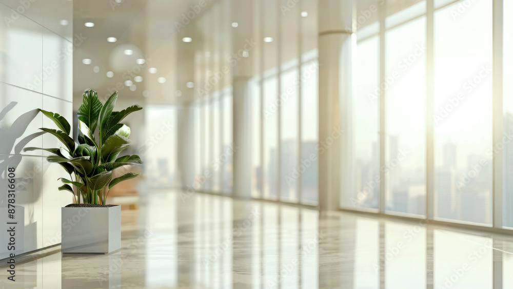 Poster a modern office lobby featuring a sleek design with large windows that allow natural light to flood 
