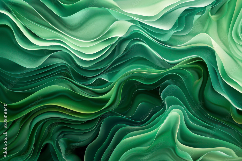 Poster an abstract background featuring flowing wave patterns in various shades of green, creating a serene