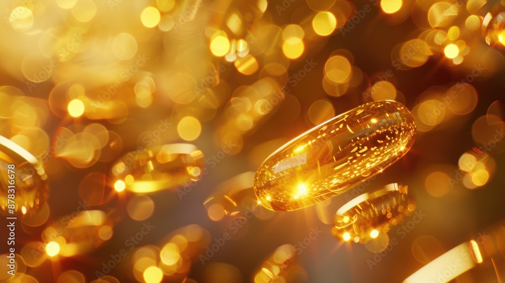 Poster close-up of golden capsules floating with a bokeh background, creating a luxurious and dynamic visua