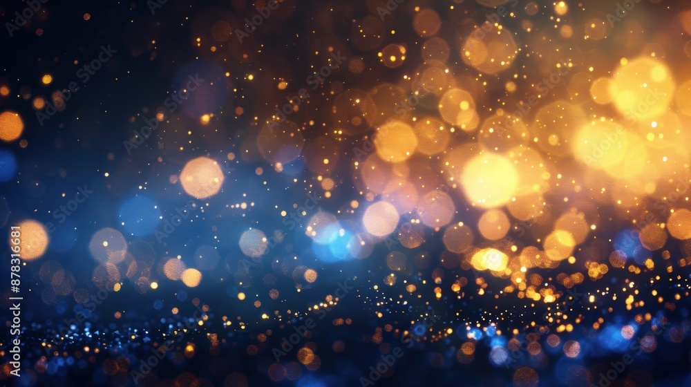 Poster abstract background with bokeh lights in blue and gold, creating a magical and festive atmosphere.