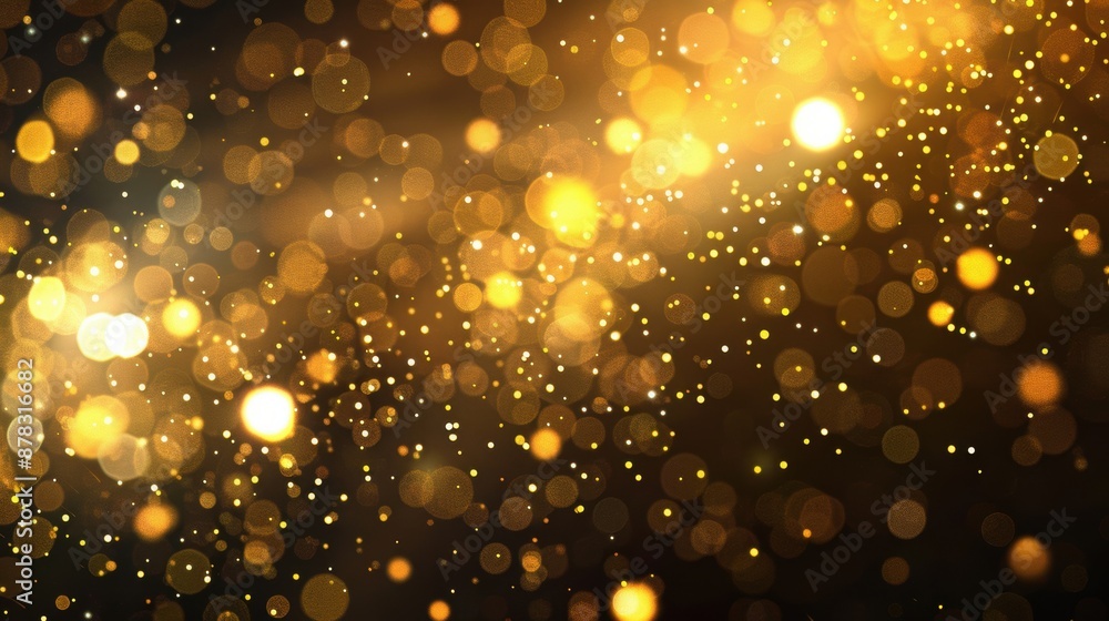 Poster abstract background with sparkling gold bokeh light particles, creating a festive and magical visual