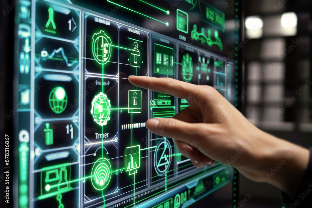 Poster a hand interacts with an advanced digital touchscreen interface displaying futuristic graphics and d