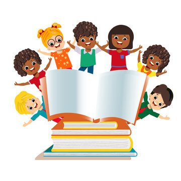 children different nationalities around book, reading big books