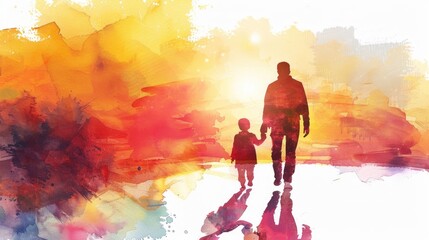 Fototapeta premium Embracing Love: Silhouettes of Parent and Child Walking Towards Bright Future in Abstract Watercolor Illustration