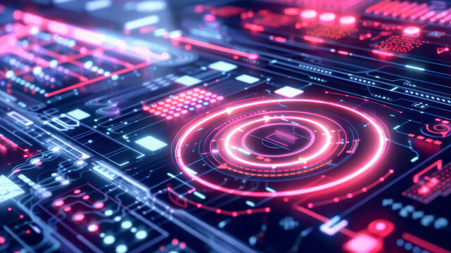 A close-up of a high-tech digital interface with vibrant pink and red hues, showcasing advanced control panels and futuristic graphical elements with glowing highlights.