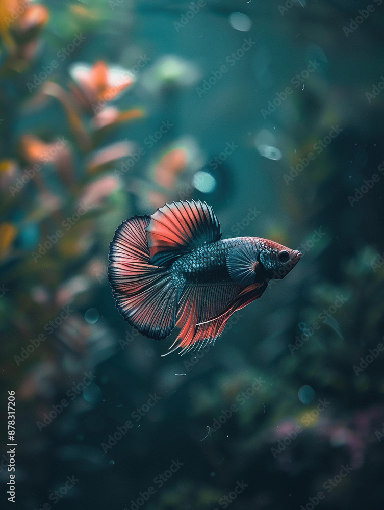 Wall mural beautiful fighting betta fish, underwater garden, green plants, spring day division first shallow champion