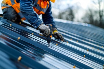 Roofer Installing Metal Sheets on a Roof with a Power Drill