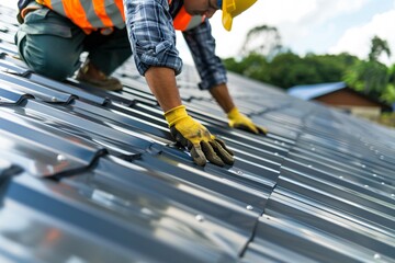 Construction Worker Installing Metal Roofing Panels