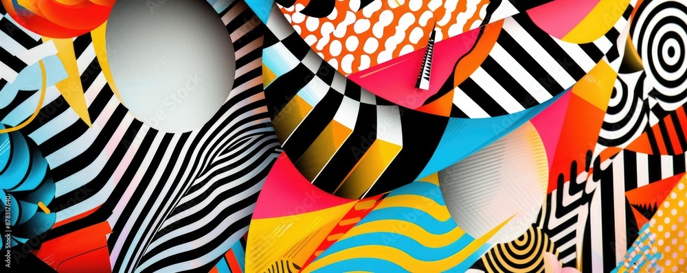 Poster colorful abstract design featuring bold zebra stripes and geometric shapes in dynamic colors and pat