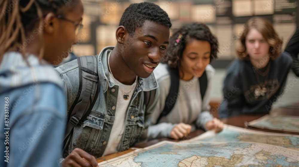 Poster group of students gathered around a map, engaged in learning and exploring geography in a collaborat