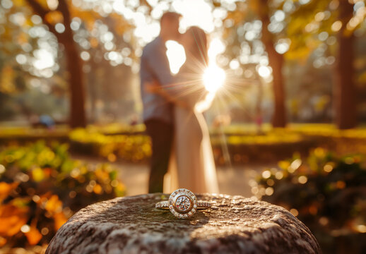 Romantic marriage proposal on the beach at the seaside, Couple in love kissing outdoor with a marriage ring