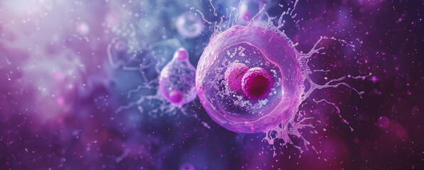 Microscopic view of a cell dividing in a purple and blue background