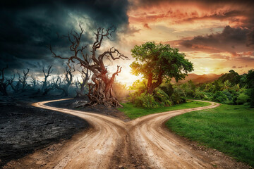 Crossroad decision concept. Transformation and Growth: Highlighting the potential for personal growth and transformation when choosing the right path. Life's Choices. Positive vs. Negative Thinking.