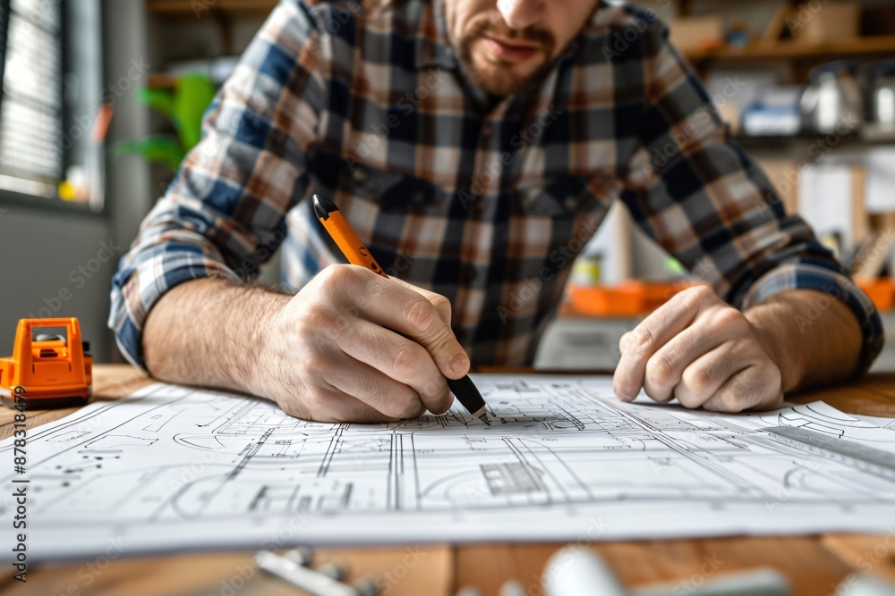 Aufkleber architect working on blueprint in a creative workspace