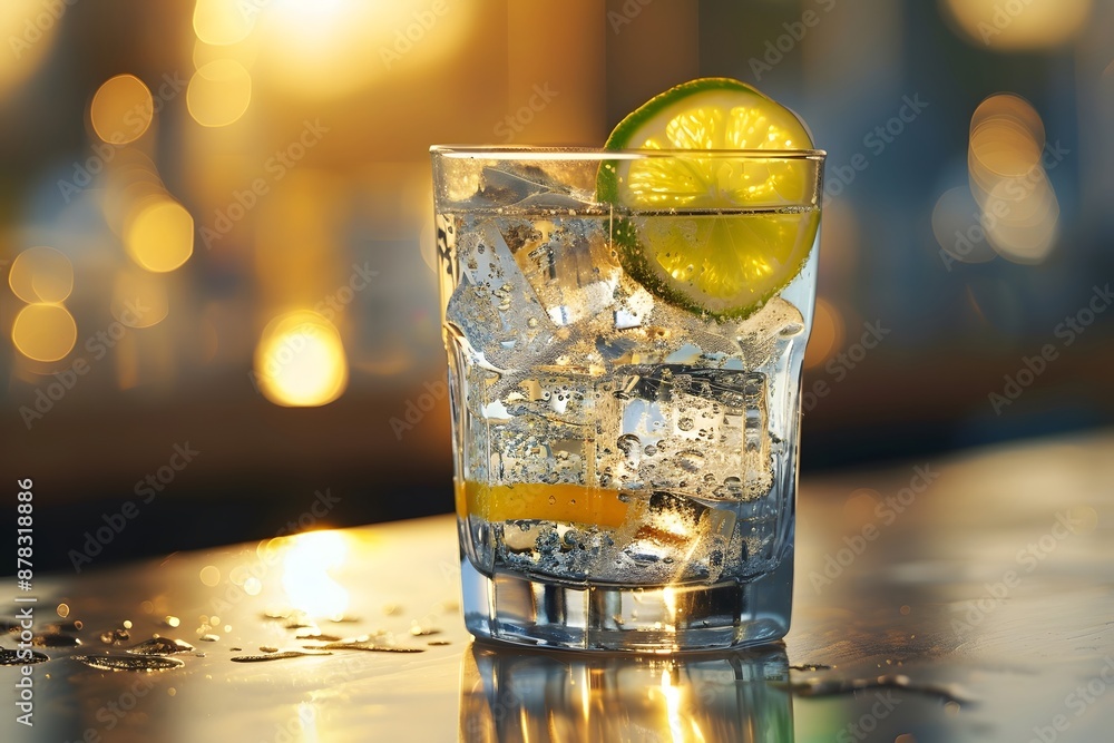 Poster Refreshing Cocktail with Lime and Ice Cubes in a Sunlit Setting