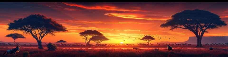 Obraz premium landscape at dusk, acacia trees silhouetted against a fiery sunset, with distant mountains and a roaming herd of wildebeest.