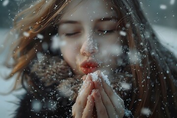 Fototapeta premium Young Woman Enjoying a Snowy Winter Day