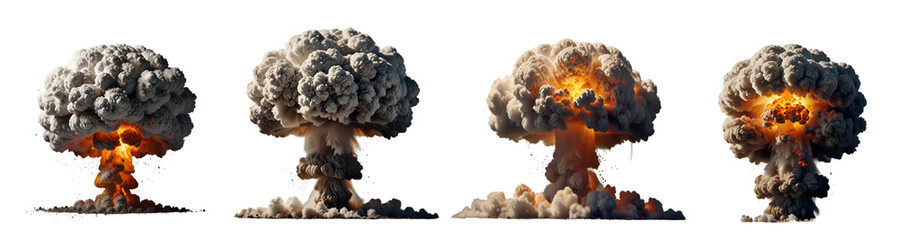 Obraz premium Set of nuclear explosions and mushroom cloud isolated on transparent background - Generative AI