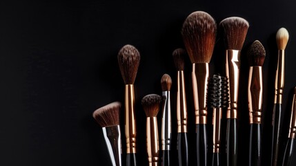 Collection of diverse professional female cosmetic brushes for makeup and eyelash brush isolated on black background Beauty concept With space for text