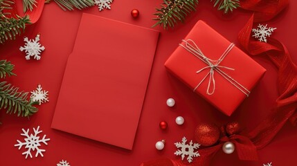 Christmas card mockup with red gift box and white snowflake decorations on red paper background top view