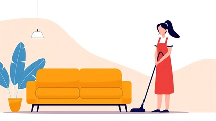 Woman cleaning living room with vacuum cleaner.
