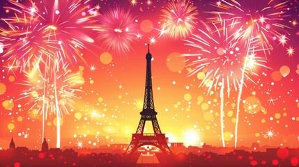 Eiffel Tower Silhouette Against Spectacular Fireworks Display at Night