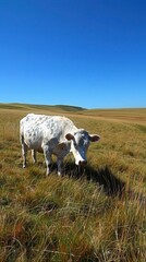 Obraz premium white cow standing in a grassy field with a blue sky in the background