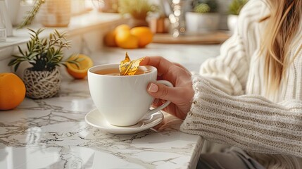 Person enjoying a cup of tea in a clutter-free kitchen, symbolizing tranquility in minimalism