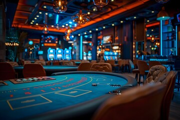 Vibrant Casino Interior with Poker Tables and Slot Machines