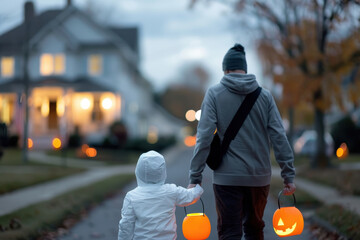 Child trick-or-treating safely on Halloween night, reflective costume glows under streetlights, adult supervision ensures security in festive suburban neighborhood. Child collects candy.